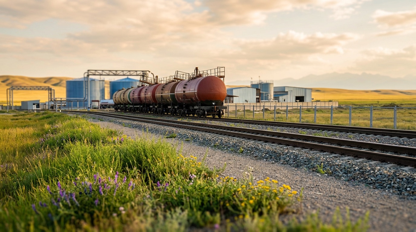 Железнодорожные цистерны на фоне казахстанских холмов